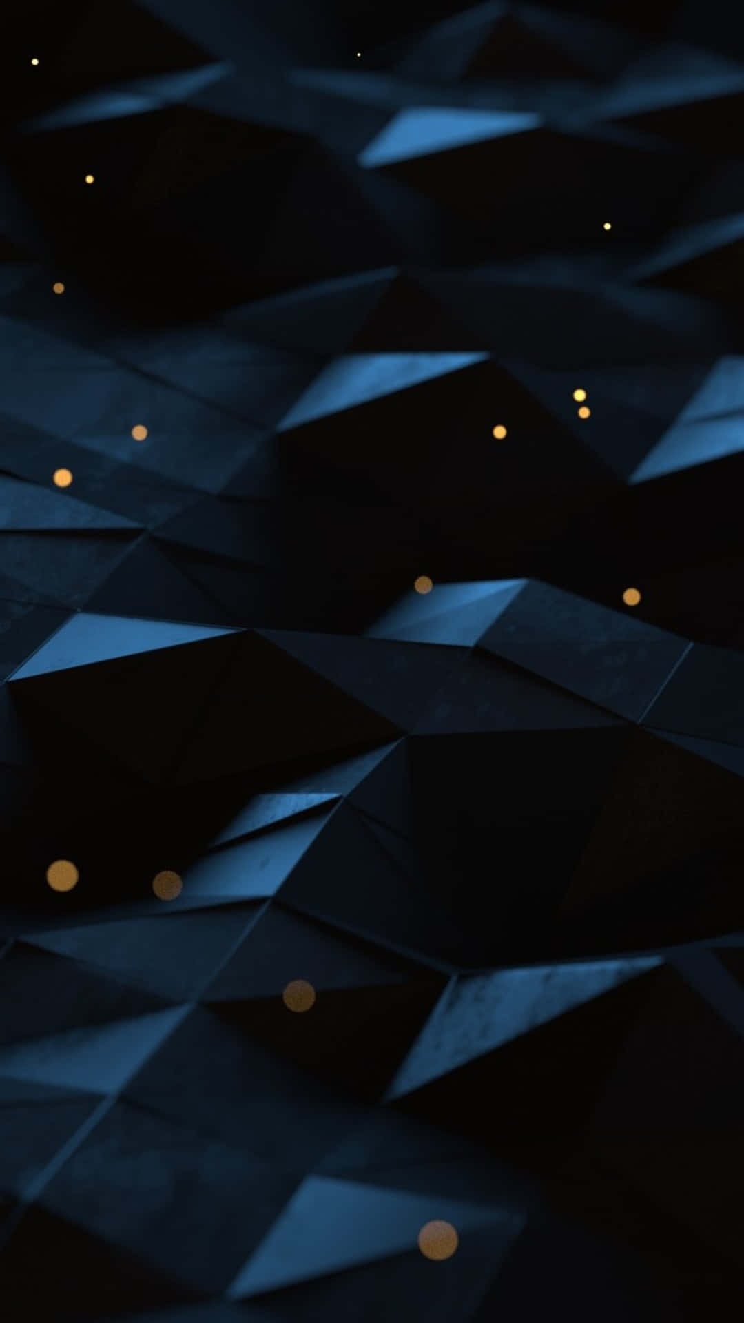 Geometric iPhone 桌布 壁紙 — 深藍色幾何切面在深黑色背景上柔和發光，散落著金色球體。