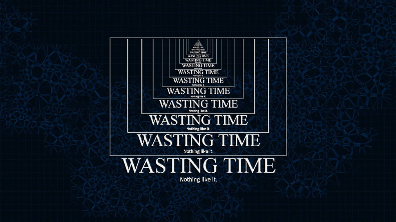 文字藝術在深藍色幾何圖案上以白色嵌套框架重複「Wasting Time」。 — 深色引言 壁紙