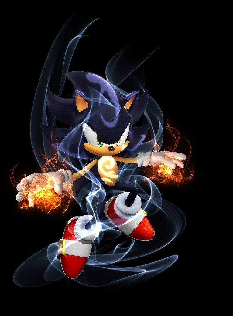 Dark Sonic 桌布 壁紙 — 深藍色形態的索尼克，被旋轉的藍色能量和發光的橙色火焰包圍，背景為黑色。