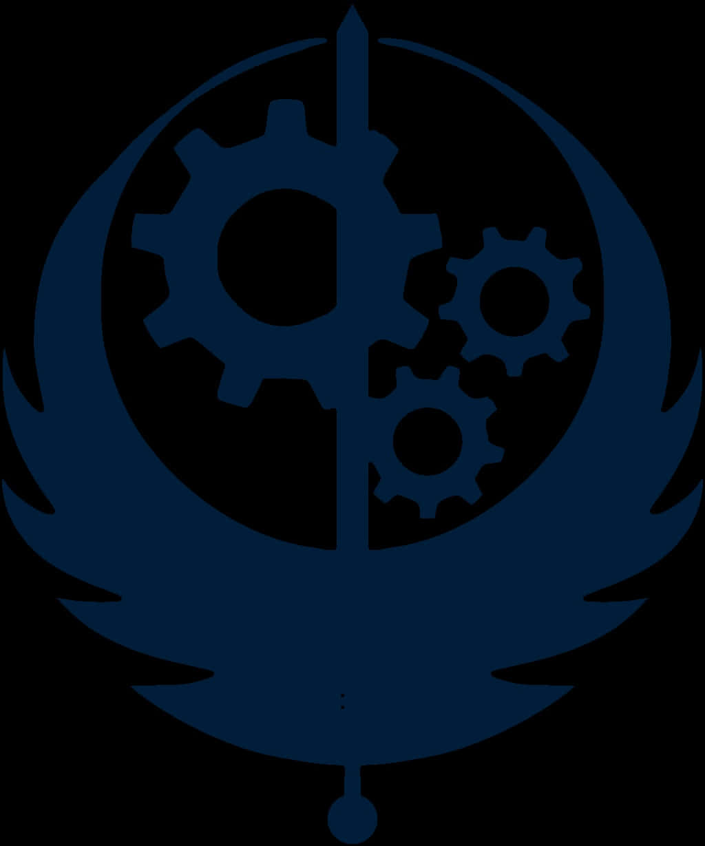 Fallout Brotherhood Of Steel 桌布 壁紙 — 深藍色徽章，在黑色背景上新月與劍的剪影內有相互咬合的齒輪。