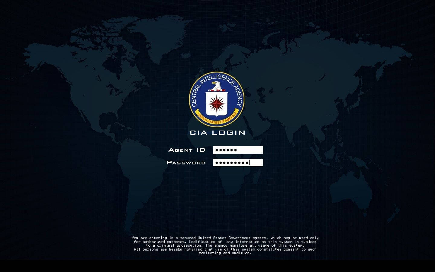 Cia 桌布 壁紙 — 深藍色數位CIA登入畫面，背景為世界地圖，憑證欄位被遮蓋。