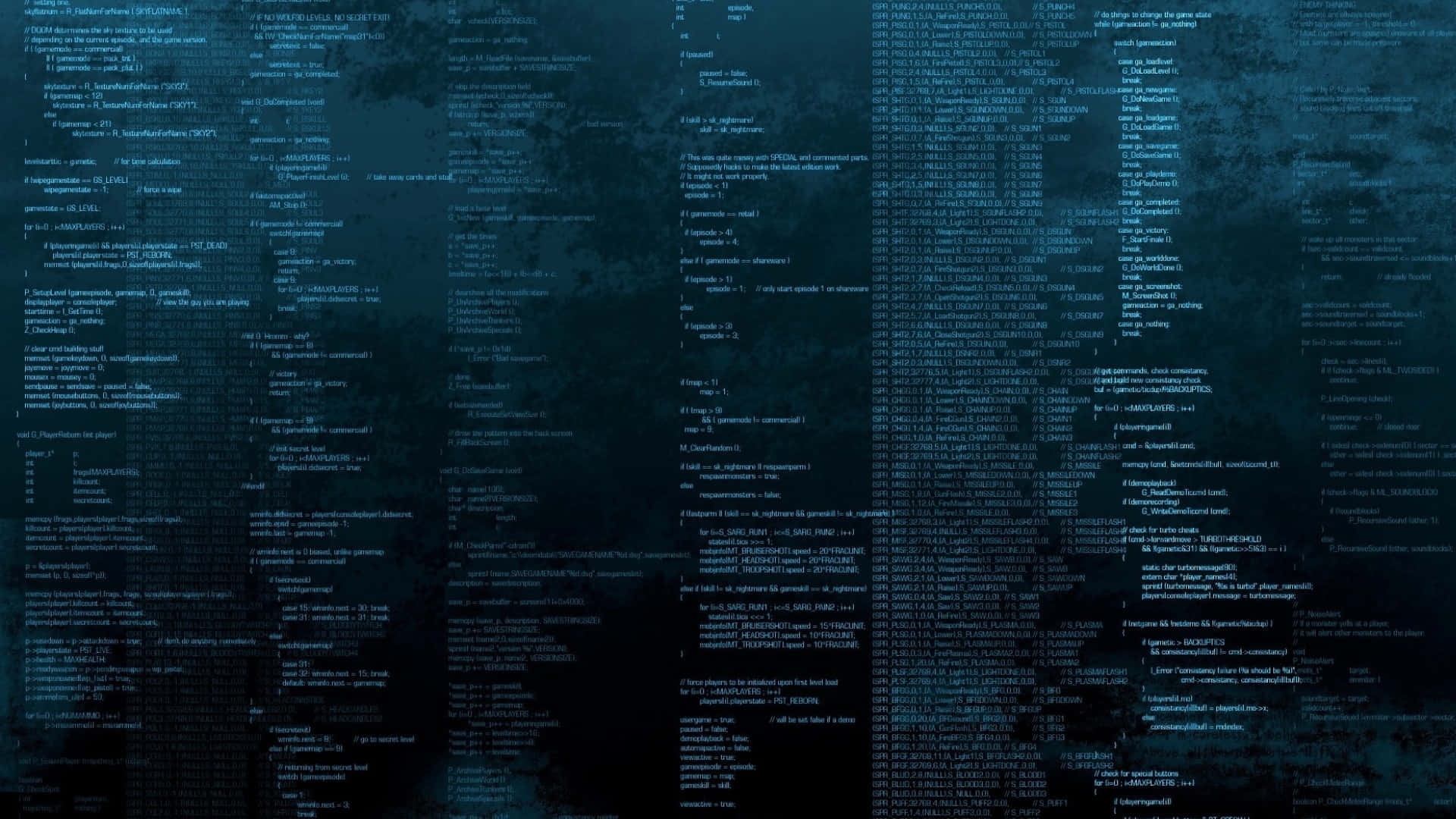 Programming 桌布 壁紙 — 深藍色數位桌布，帶有層疊的發光程式碼線條，覆蓋在模糊的世界地圖輪廓上。