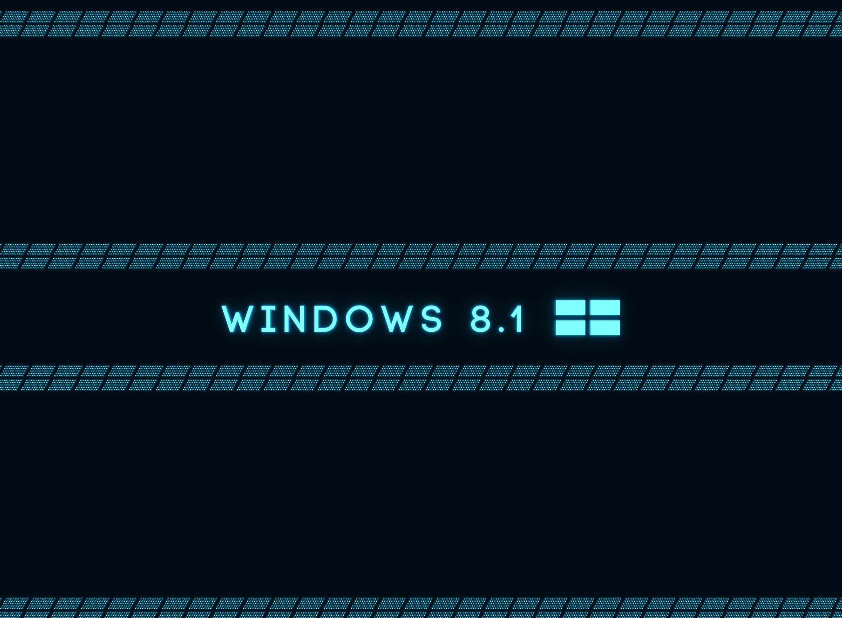 Windows Computer 桌布 壁紙 — 深藍色數位桌布，帶有發光青色 'WINDOWS 8.1' 文字和標誌，並以像素化水平線框住。