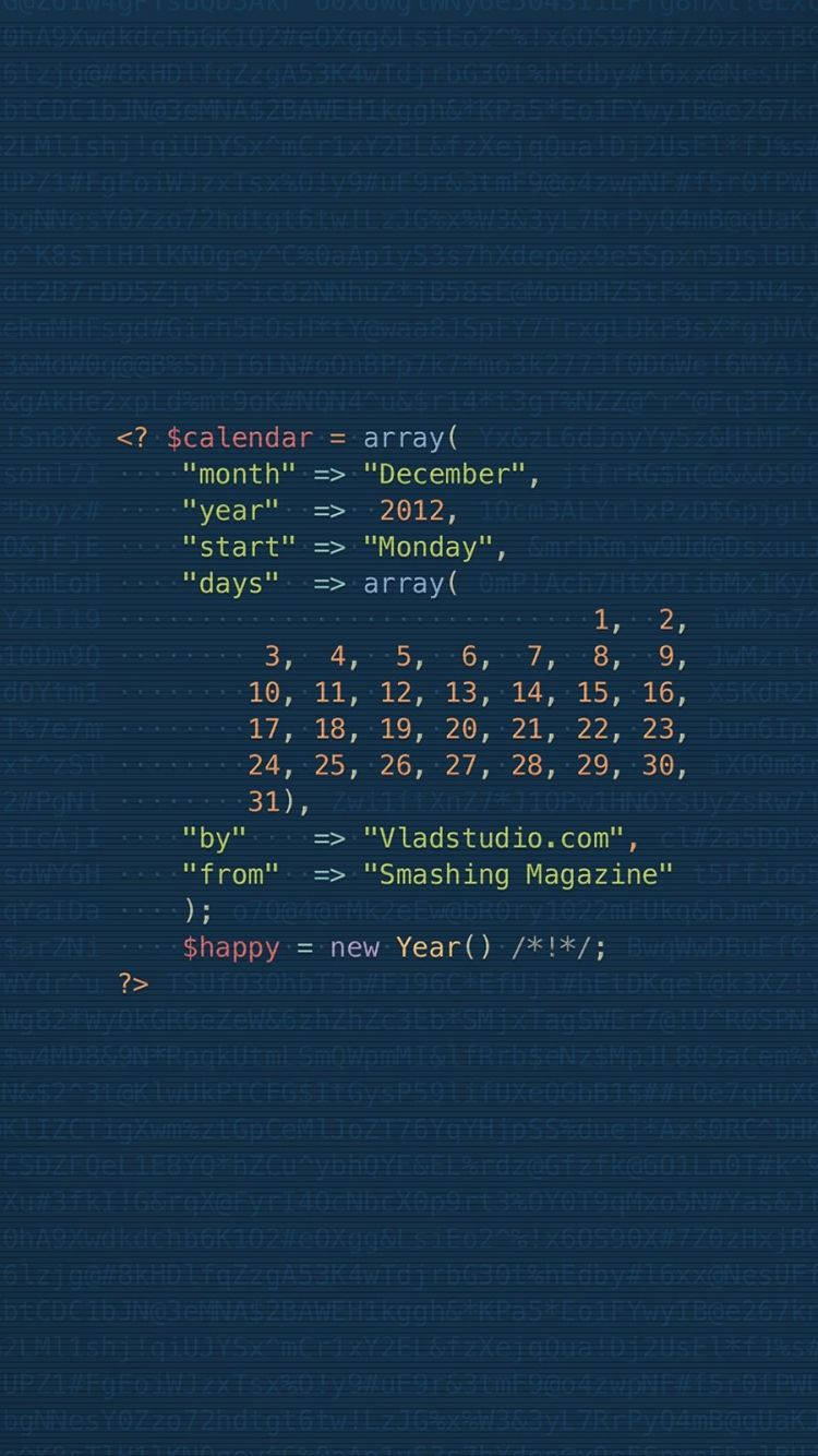 programming iPhone 桌布 壁紙 — 深藍色數位桌布，顯示2012年12月日曆的彩色PHP程式碼，帶有微妙的網格背景。