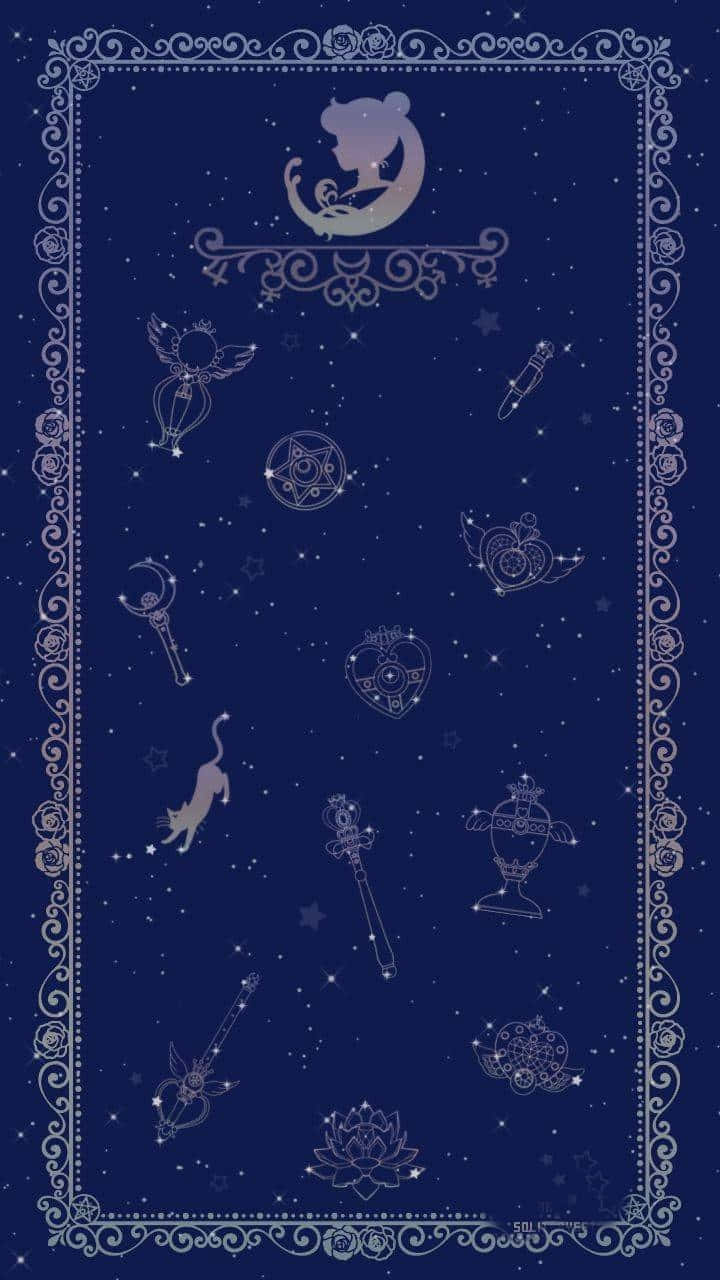 Sailor Moon Pattern 桌布 壁紙 — 深藍色星空夜晚的天空，點綴著發光的銀色天體符號和帶有月亮少女剪影的華麗邊框。