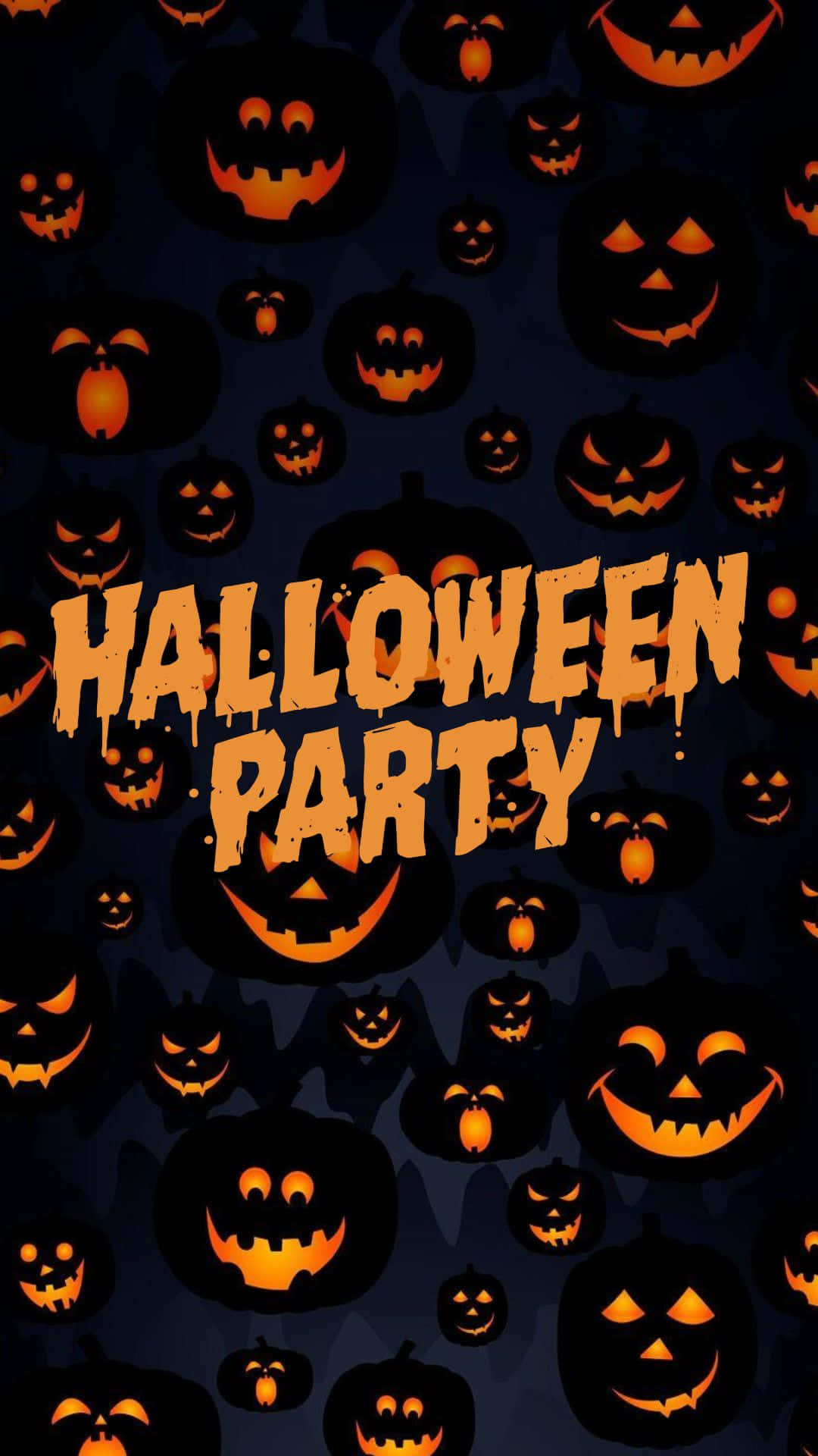Halloween Party 桌布 壁紙 — 深藍色桌布，充滿發光的橙色南瓜燈和粗體滴落的萬聖節派對文字。