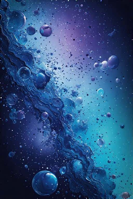 Ethereal Spheres Oil & Water Dreamscape 壁紙 — 深藍色液體的動態漩渦，帶有漂浮的半透明氣泡，背景是紫色到藍綠色的漸變宇宙背景。