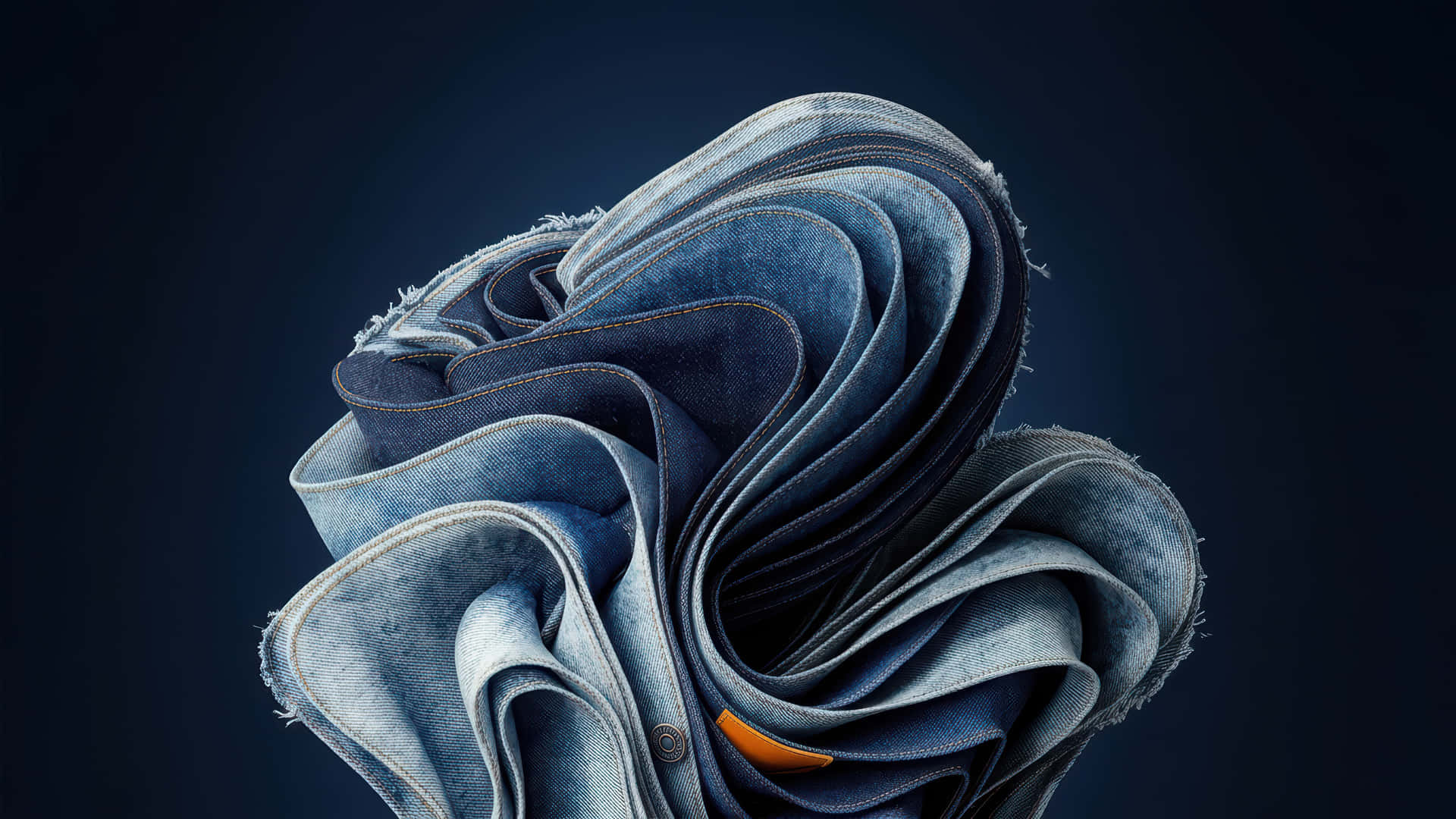 Jeans Bloom modded wallpaper for desktop Enhancement, 壁紙 — 深藍色漸變背景上，帶有磨損邊緣的藍色牛仔布和橙色鈕扣組成的雕塑式漩渦。