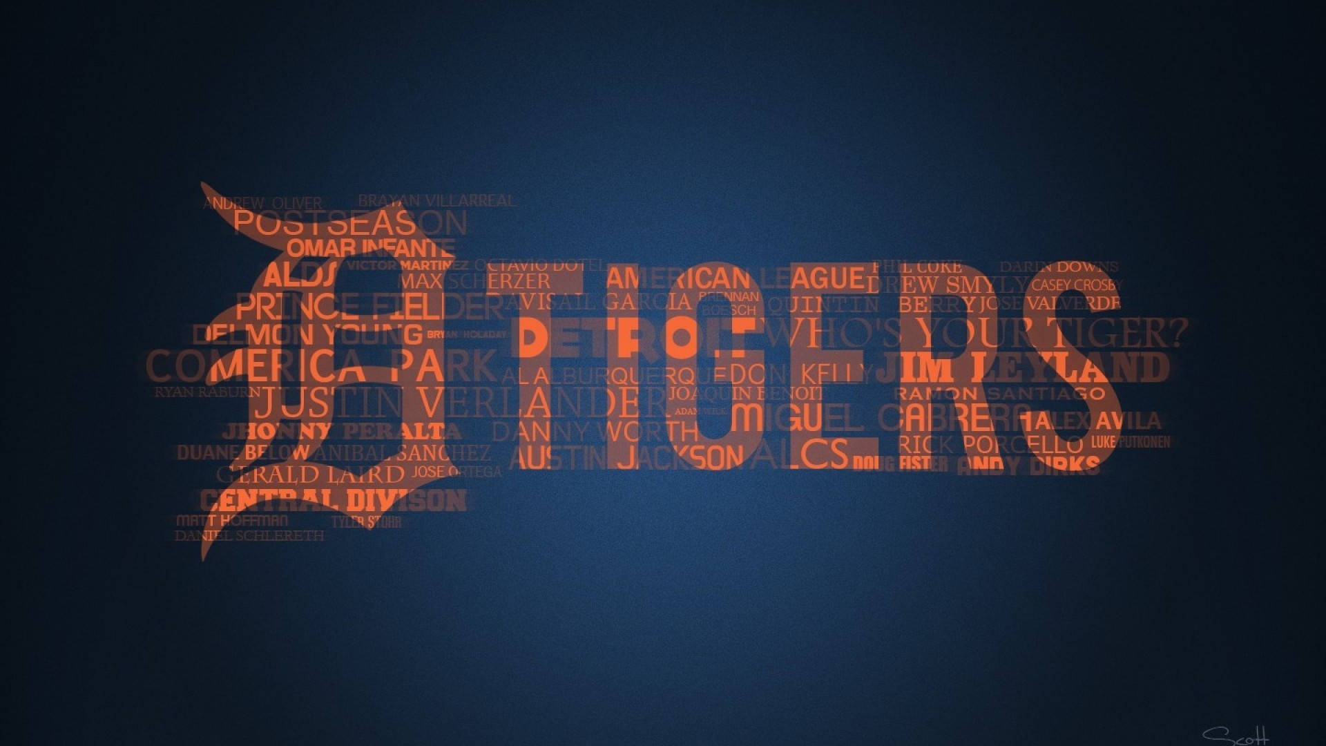 tigers 桌布 壁紙 — 深藍色漸變背景上，由橙色文字中的球員姓名和球隊短語組成的底特律老虎棒球隊剪影。