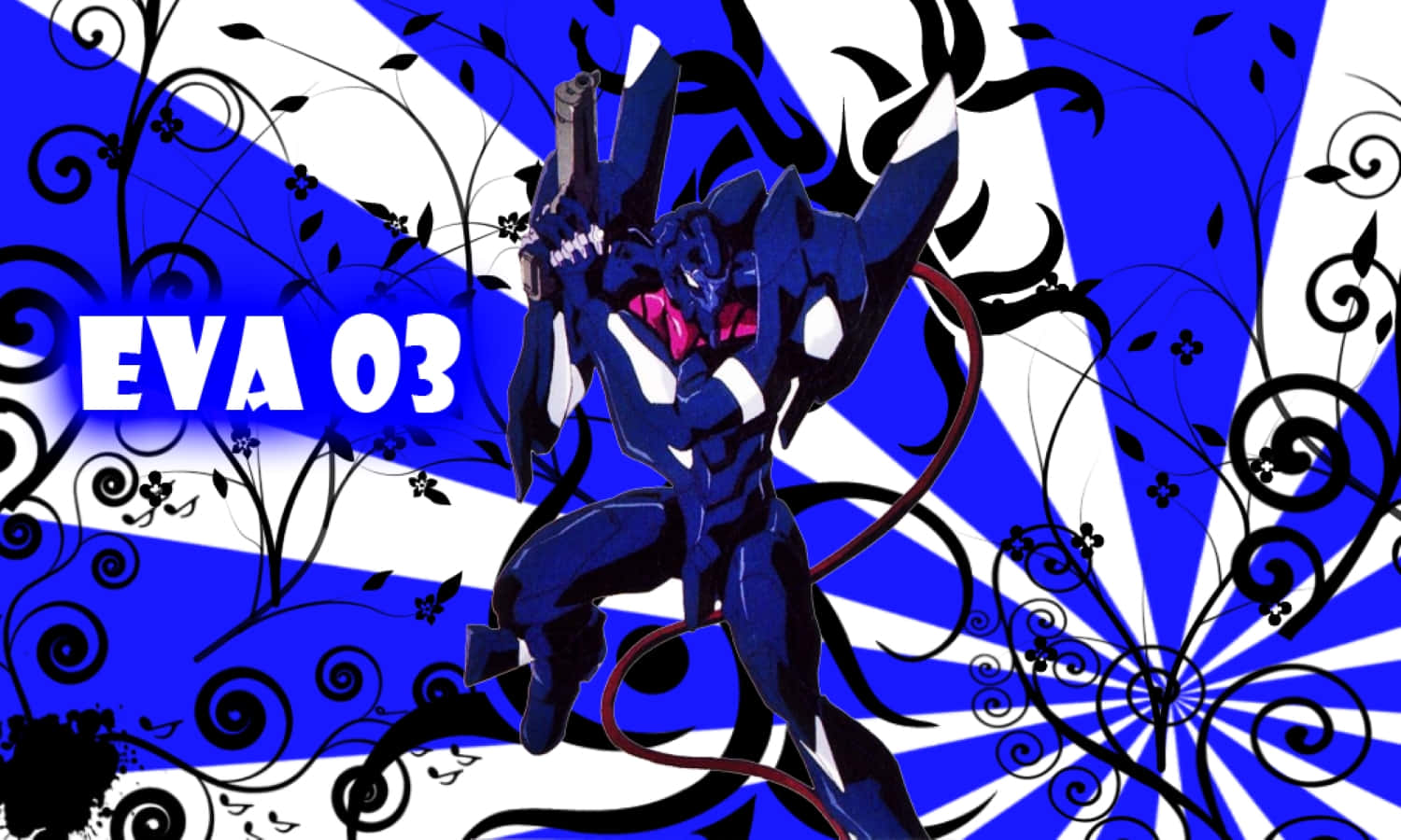 Eva-03 桌布 壁紙 — 深藍色的 Evangelion Unit 03 動感地站在大膽的藍白條紋背景前，上面有黑色花卉漩渦。