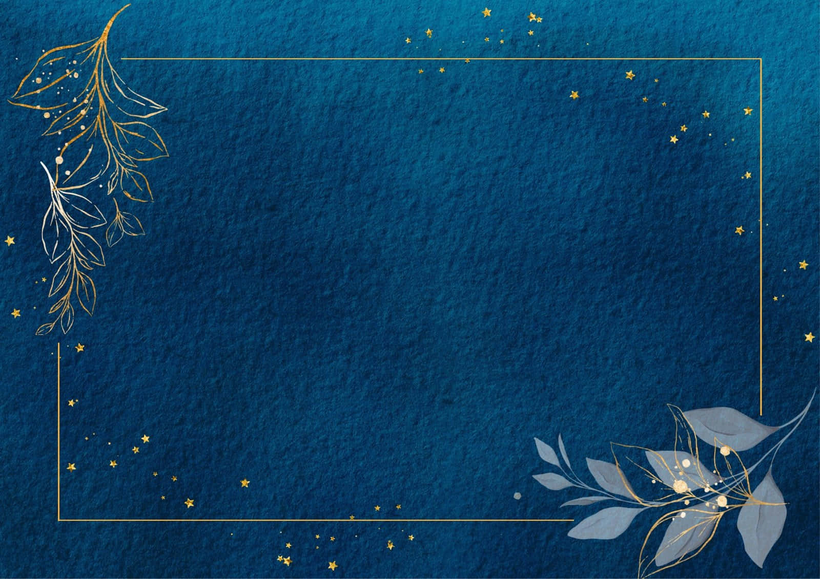 Cute Blue 桌布 壁紙 — 深藍色紋理壁紙，以金色線條和精緻的銀葉圖案鑲邊，綴有散落的金色星星。