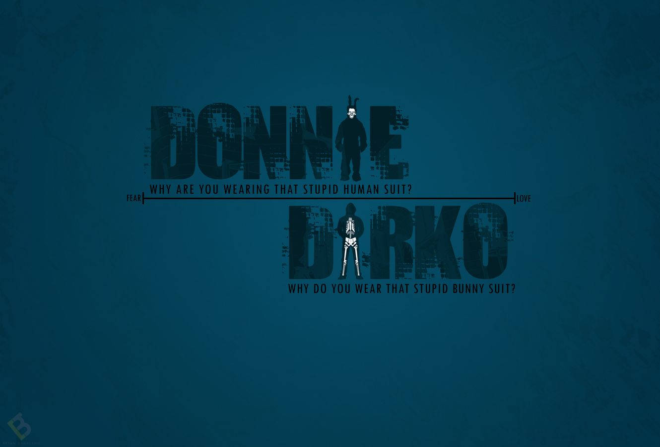 Darko 桌布 壁紙 — 深藍色紋理壁紙，標題為《Donnie Darko》，有一個骷髏形象和文字，質疑為何要穿人類或兔子服裝。