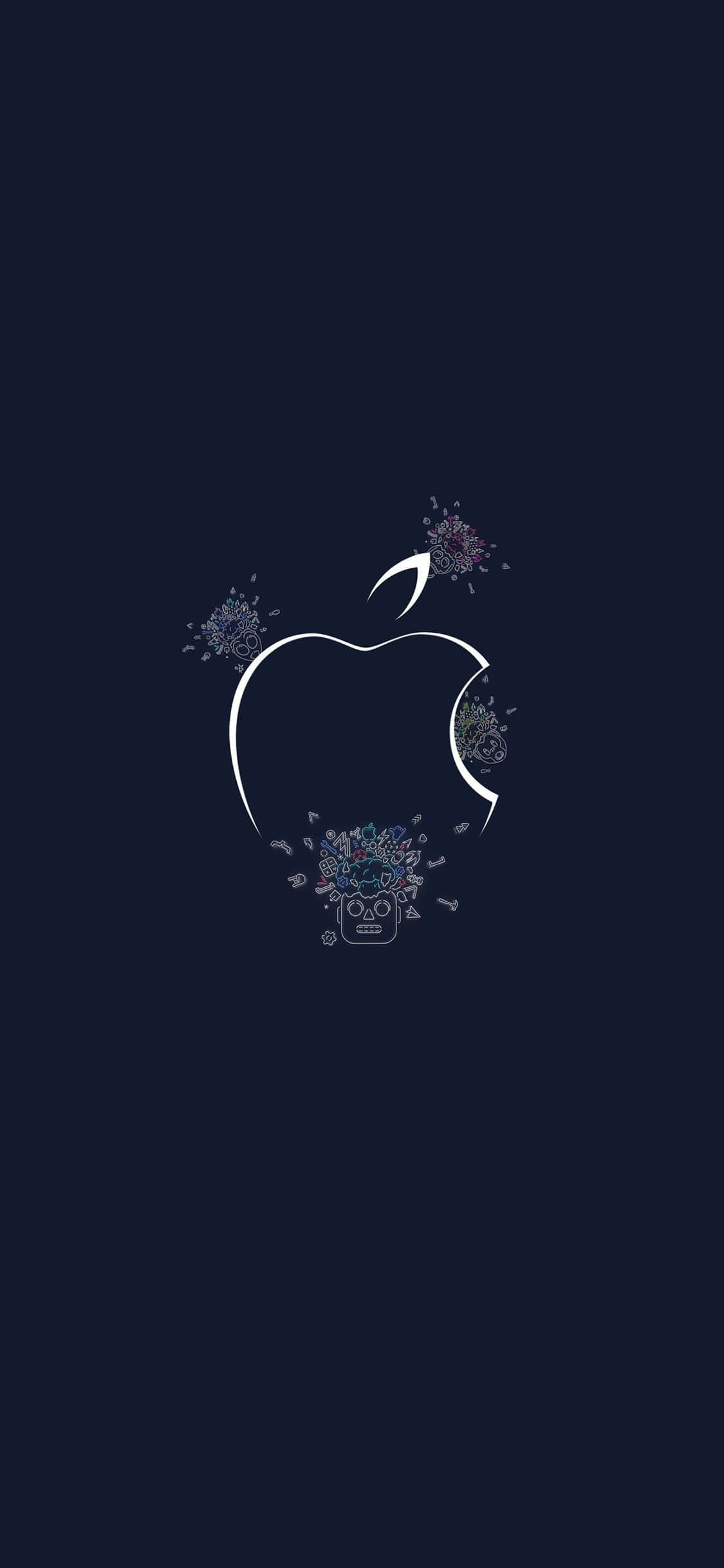 蘋果 桌布 壁紙 — 深藍色背景上，一個簡約的白色Apple標誌輪廓，邊緣爆發出花卉和骷髏圖案。