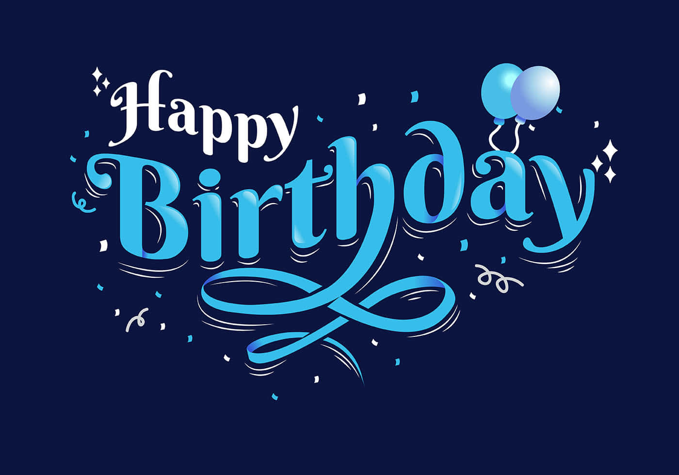Blue Birthday 桌布 壁紙 — 深藍色背景上，帶有氣球和五彩紙屑的醒目藍色「Happy Birthday」文字。