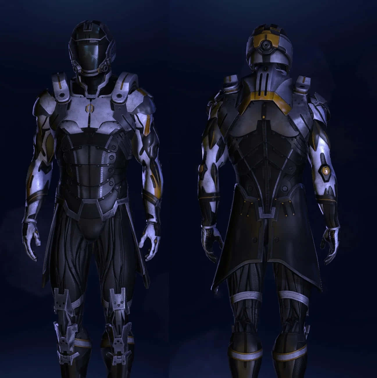 Mass Effect Cerberus 桌布 壁紙 — 深藍色背景上，未來風格裝甲服的前後視圖，帶有銀色、黑色和金色點綴。