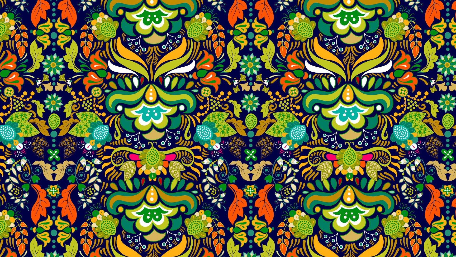 Folk Art 桌布 壁紙 — 深藍色背景上充滿活力的對稱花卉圖案，帶有風格化的面孔和葉子。