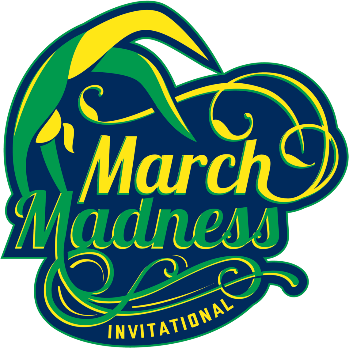Clip Art 桌布 壁紙 — 深藍色背景上帶有旋轉綠色和黃色文字的 March Madness Invitational 鮮豔標誌。