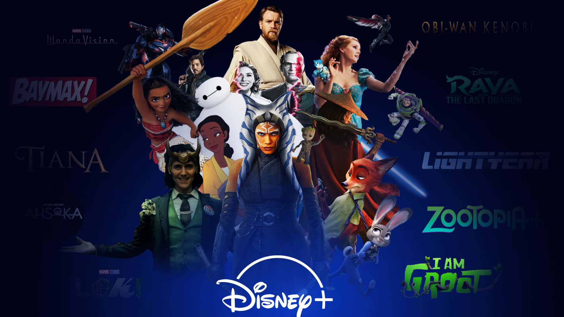 Disney Plus 桌布 壁紙 — 深藍色背景上帶有節目名稱的迪士尼+動畫和真人角色鮮明拼貼畫。