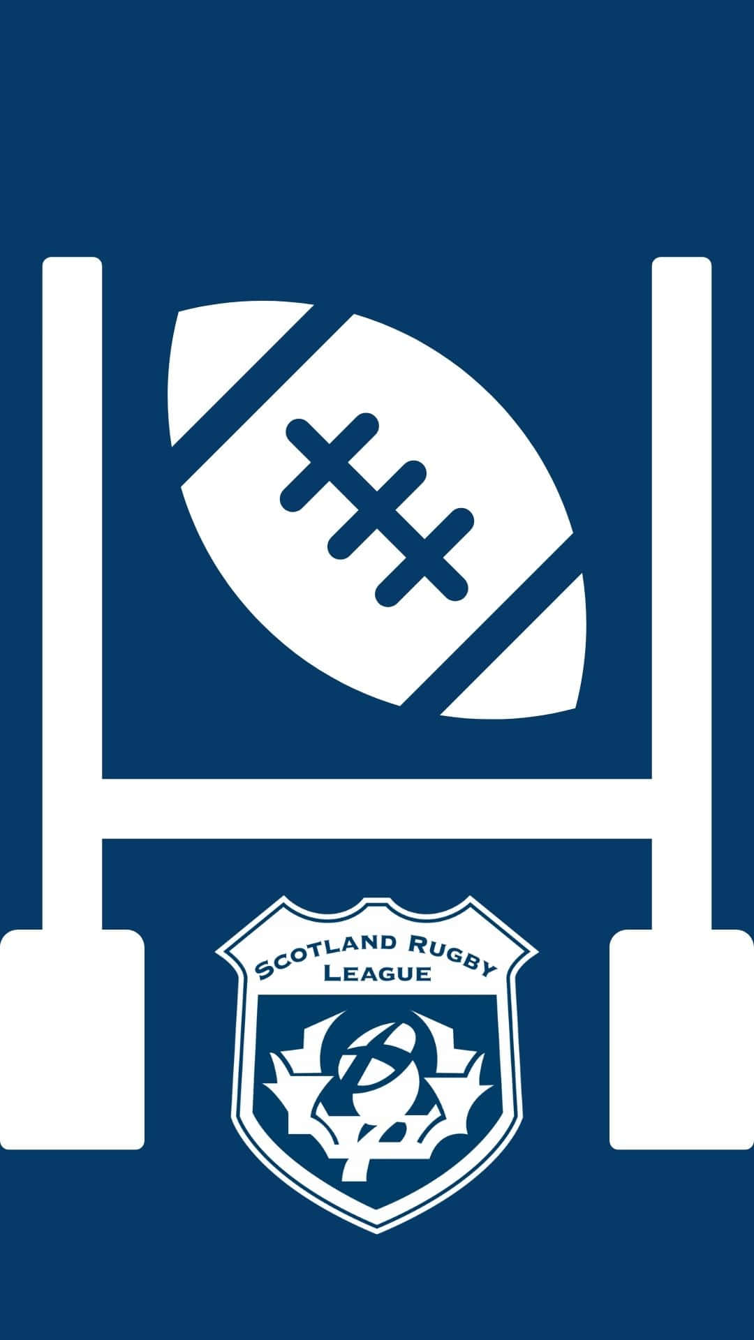 Scotland Rugby 桌布 壁紙 — 深藍色背景上帶有蘇格蘭橄欖球聯盟徽章的白色橄欖球和球門柱圖示。