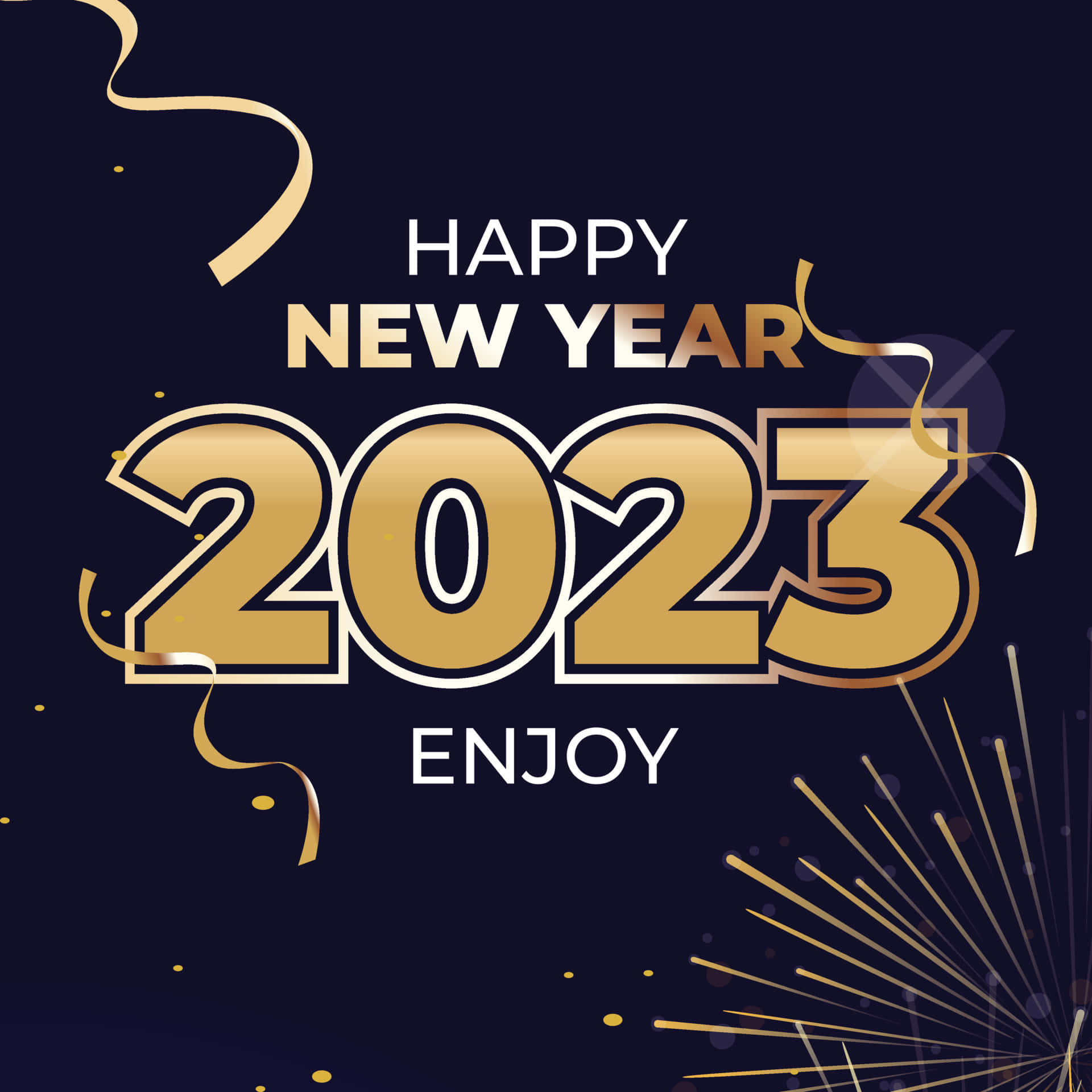 新年 桌布 壁紙 — 深藍色背景上帶有金色2023新年文字、五彩紙屑和煙火。