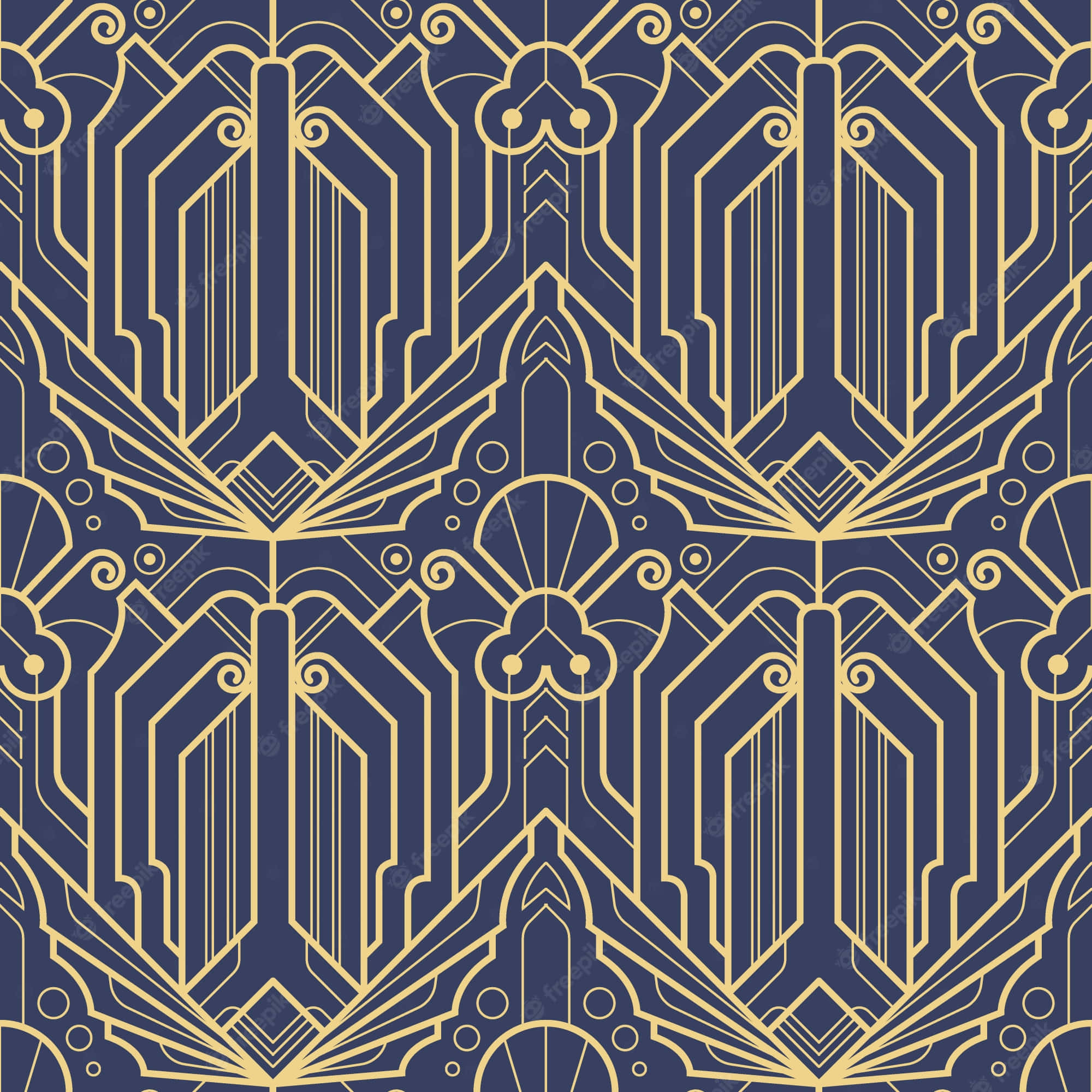 Art Deco iPhone 桌布 壁紙 — 深藍色背景上帶有金色幾何形狀和漩渦的優雅裝飾藝術圖案。