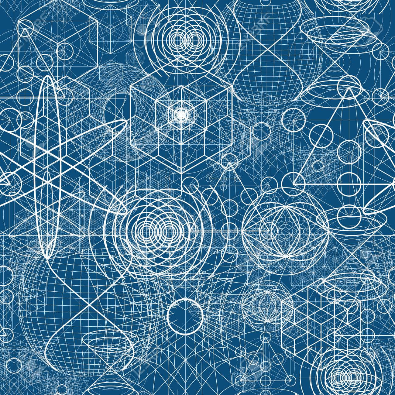 Sacred Geometry 桌布 壁紙 — 深藍色背景上白色幾何形狀和網格組成的複雜藍圖風格圖案。