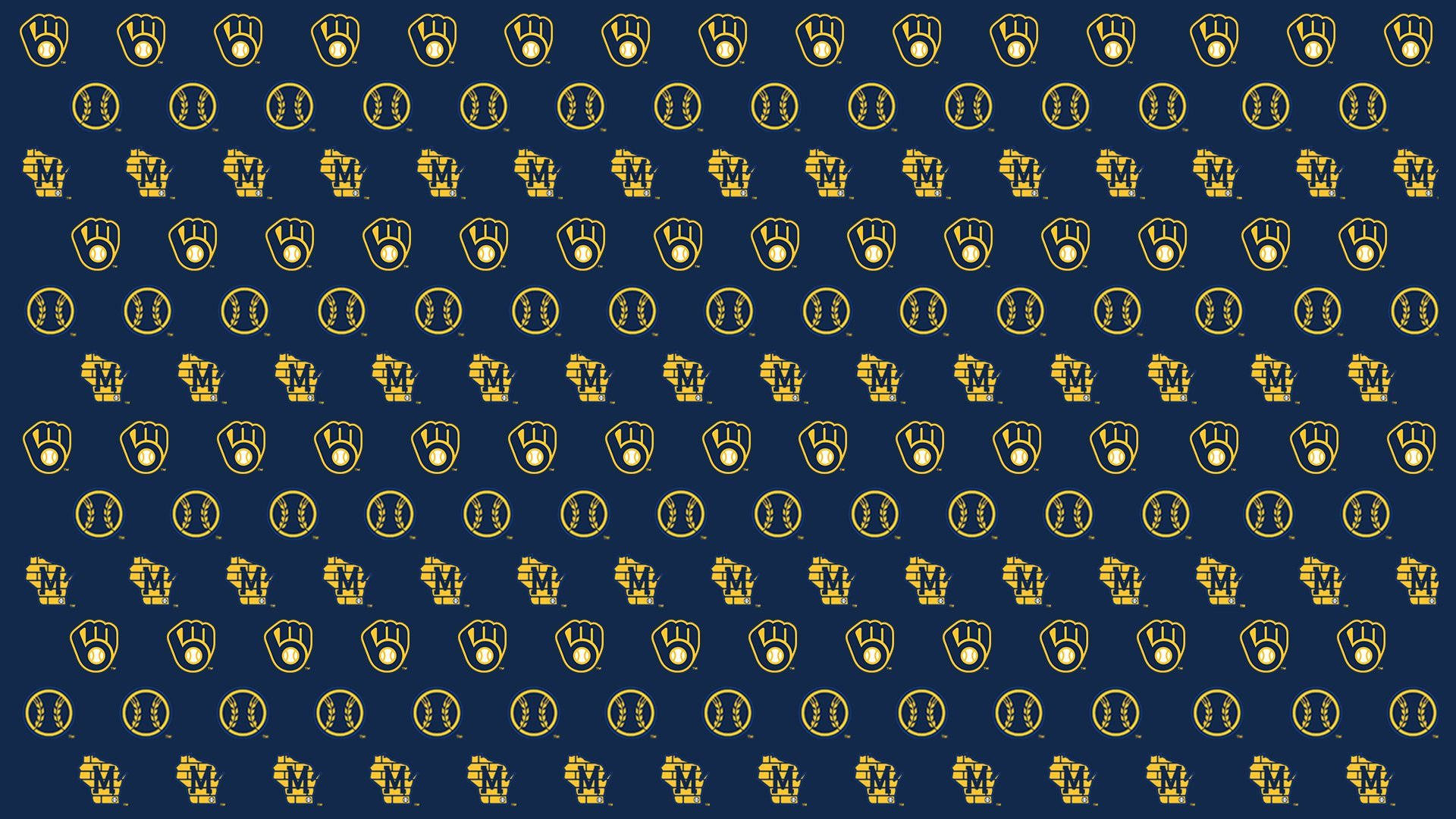 Brewers 桌布 壁紙 — 深藍色背景上重複出現金色棒球手套和球的圖案。