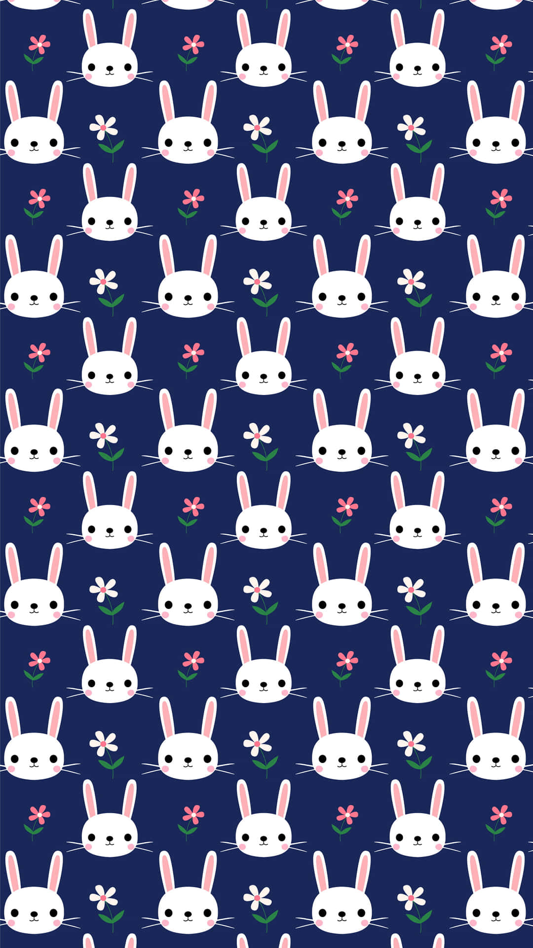 Kawaii Bunny 桌布 壁紙 — 深藍色背景上重複的可愛白色卡通兔子圖案，帶有粉紅色耳朵和小粉紅色花朵。