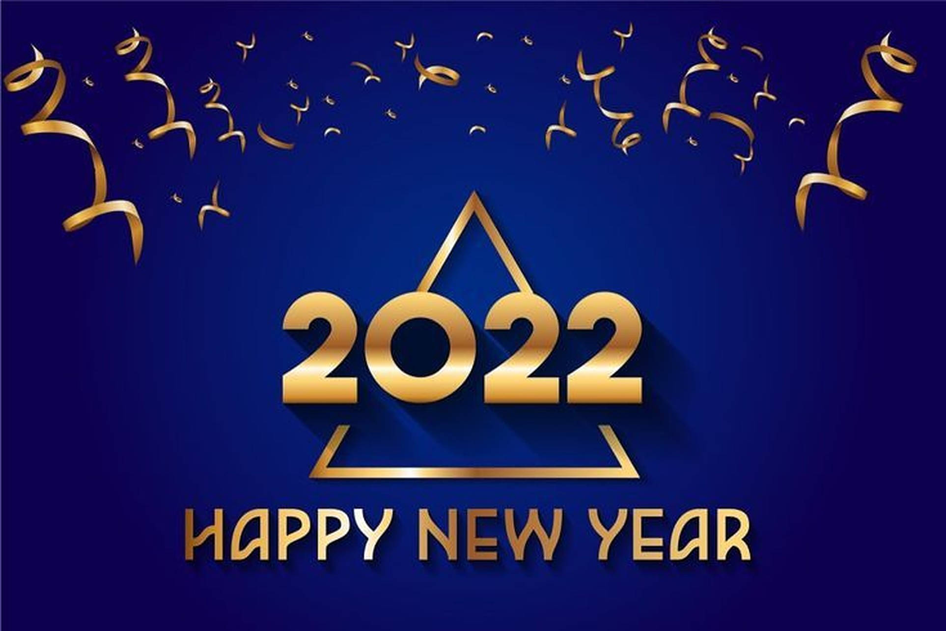 New 桌布 壁紙 — 深藍色背景上金色2022新年文字及飄落的五彩紙屑。