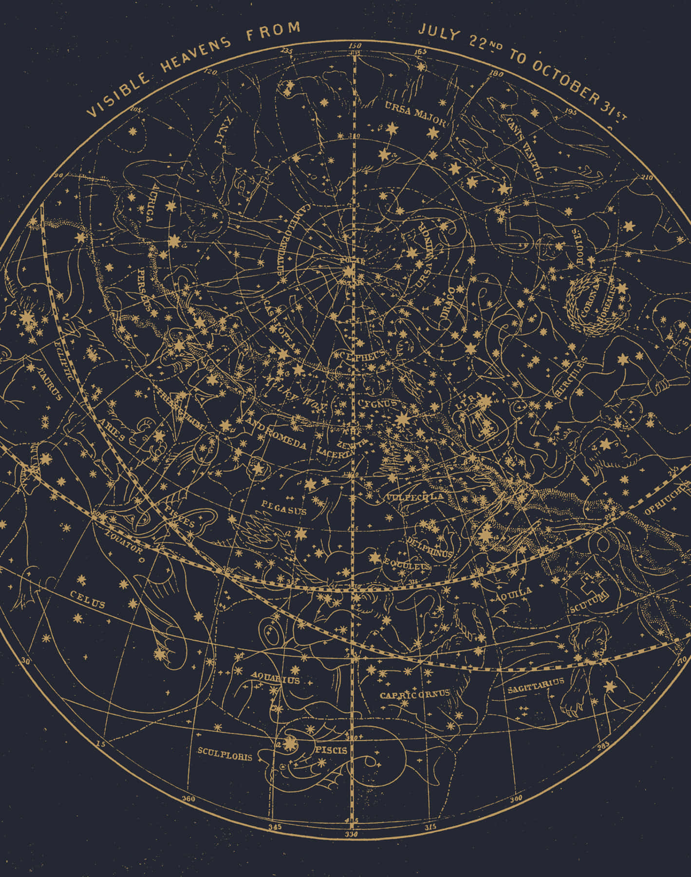 Starry Sky 桌布 壁紙 — 深藍色背景上金色優雅復古星圖，顯示7月22日至10月31日可見的星座。