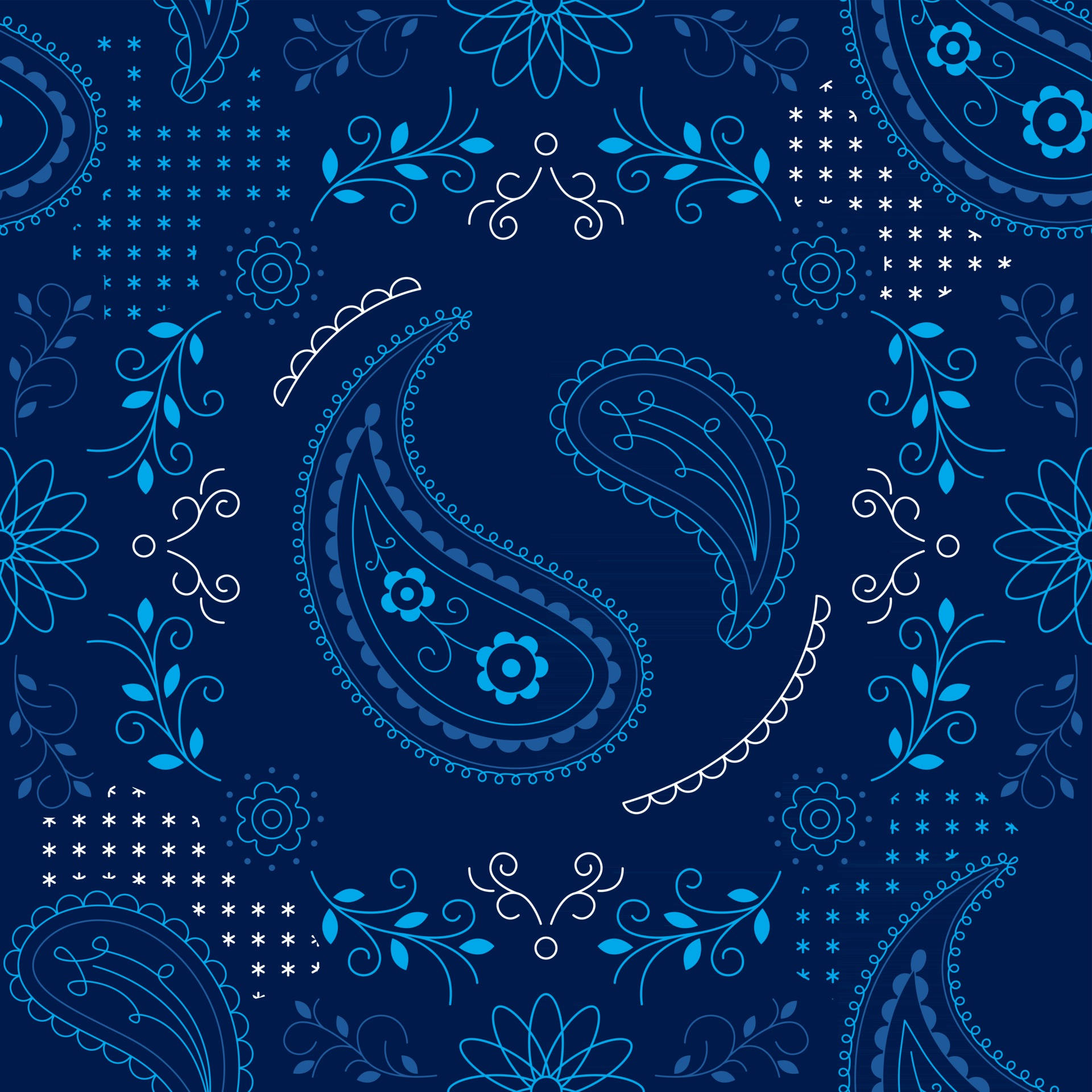 bandana 桌布 壁紙 — 深藍色背景上飾有複雜的淺藍色佩斯利和花卉圖案，重複的無縫設計。