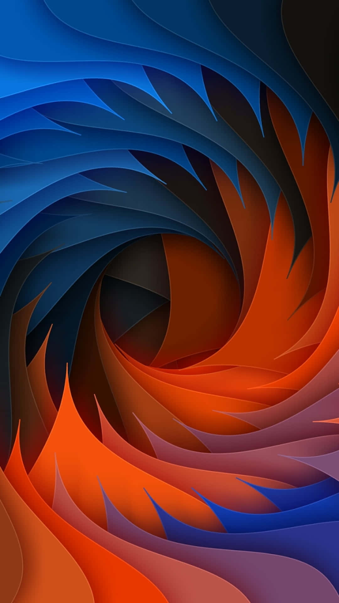 Android Material 桌布 壁紙 — 深藍色與火橙色抽象層次形成的動態數位漩渦，產生渦旋效果。