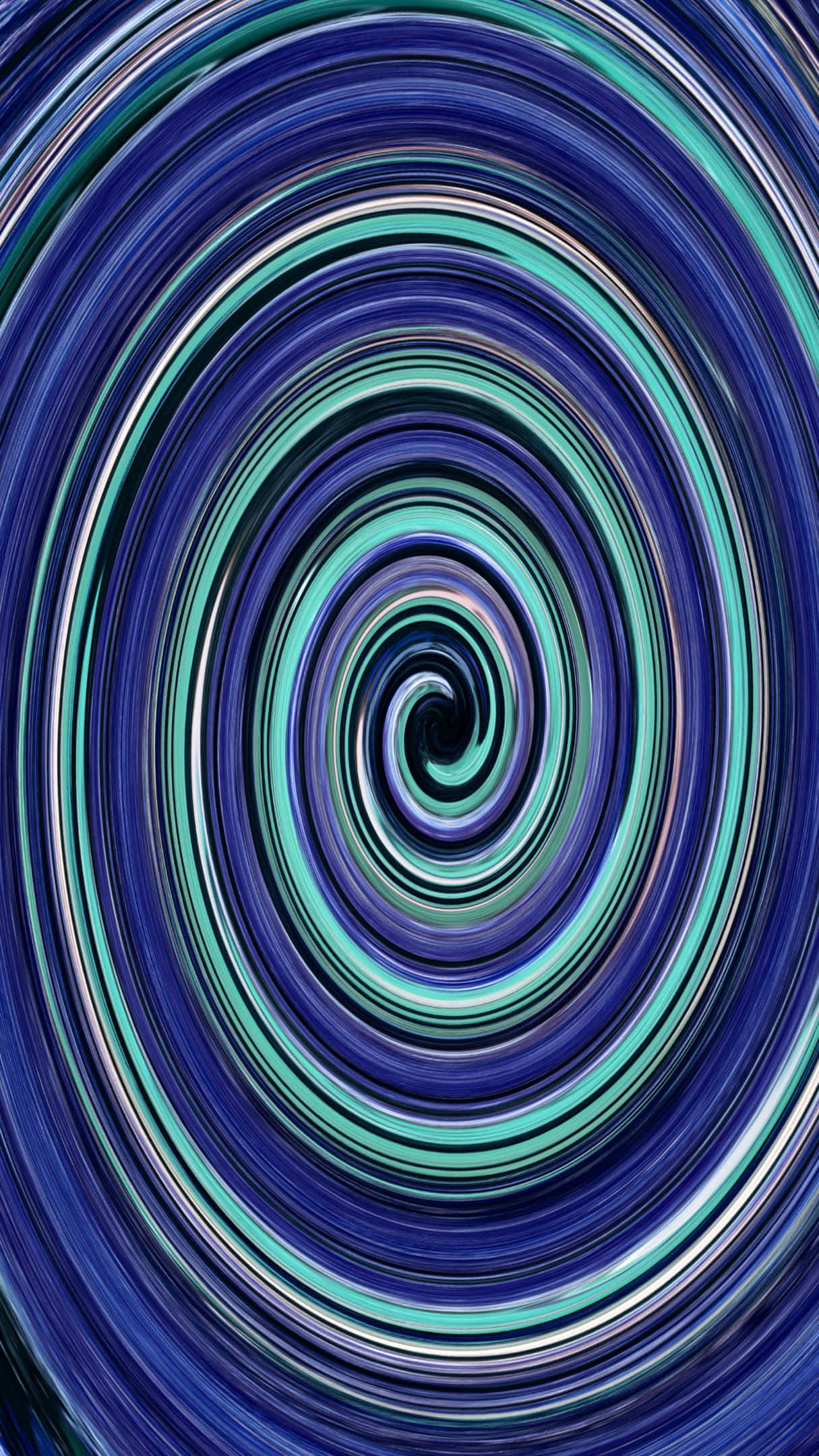 Blue Swirl 桌布 壁紙 — 深藍色與藍綠色條紋匯聚成黑暗中心的迷人螺旋，營造出催眠般的漩渦效果。