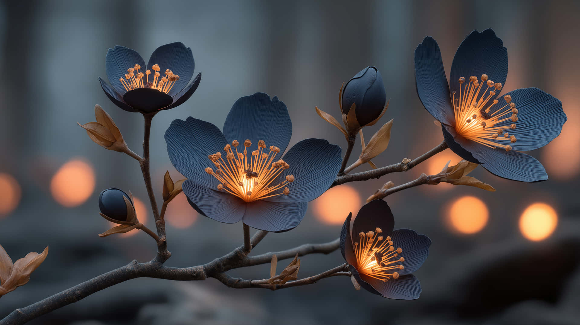 Radiant dark fantasy flowers with prominent golden centers 壁紙 — 深藍色花朵帶有發光的橙色雄蕊，在溫暖散景燈光柔和模糊的背景中綻放於樹枝上。