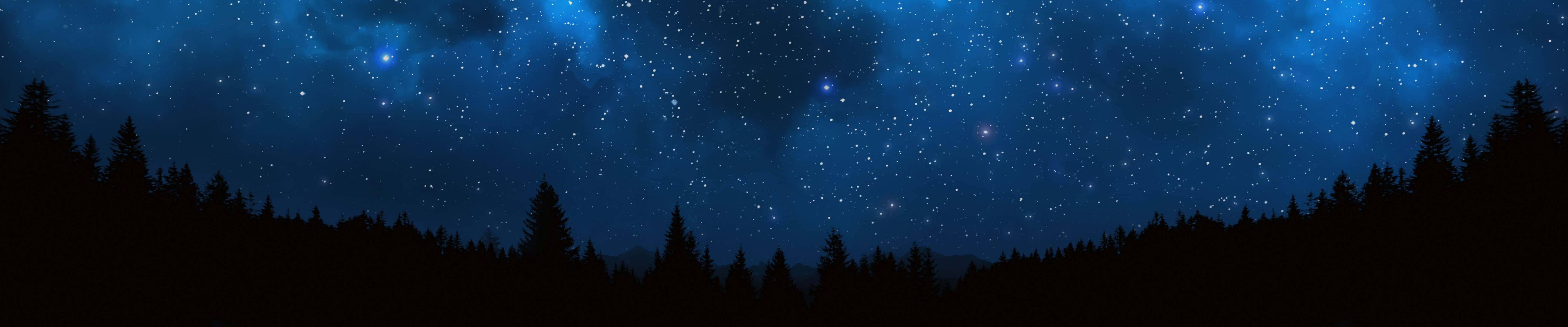 Stars 桌布 壁紙 — 深藍色調的星空夜空，散落的星星在松樹的黑暗剪影之上。