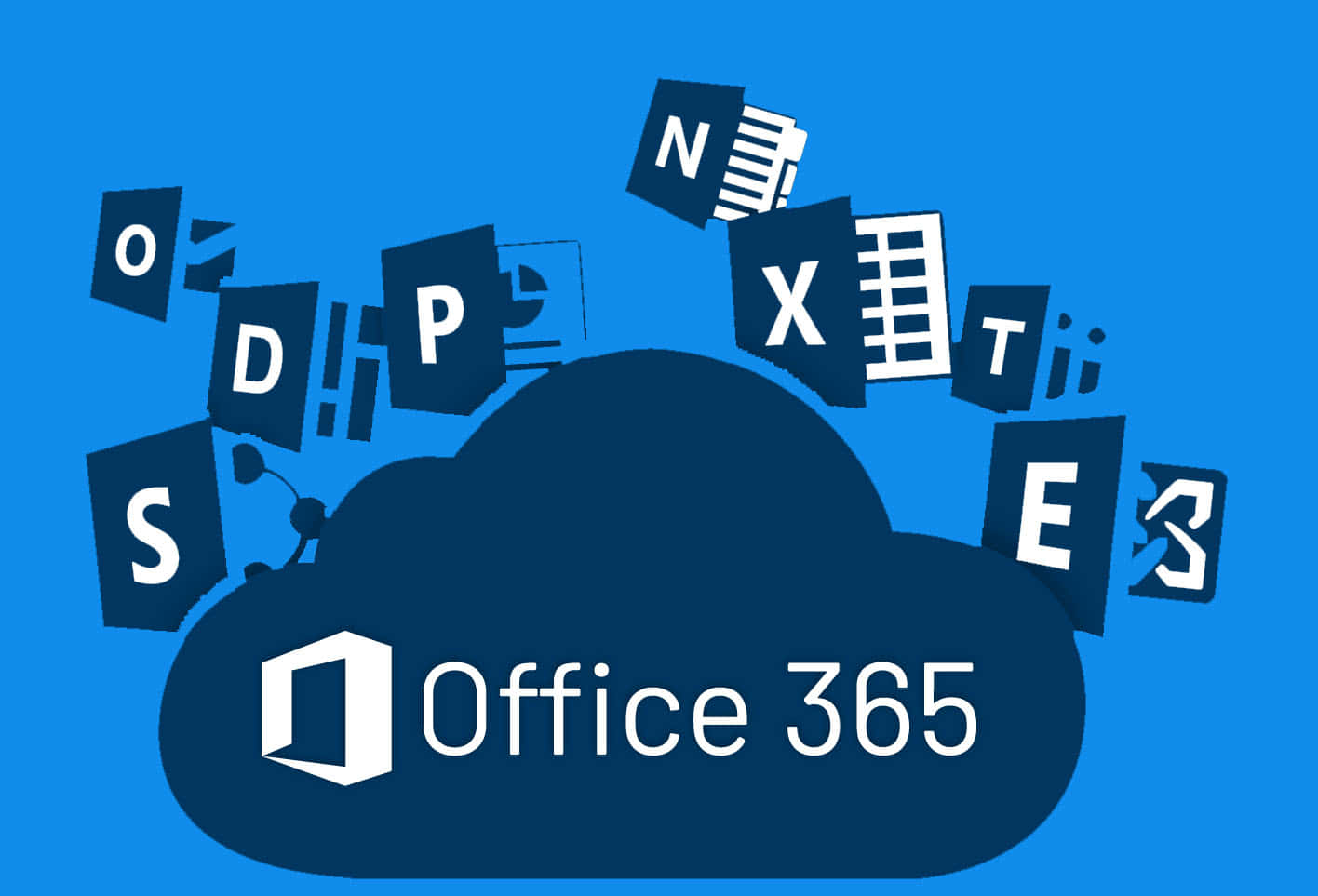 Office 365 桌布 壁紙 — 深藍色雲朵，帶有 Office 365 標誌和浮動應用程式圖示，背景為亮藍色。