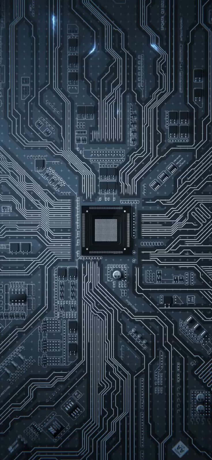 Machine 桌布 壁紙 — 深藍色電路板的特寫，帶有發光的藍色線條和中央處理器晶片。