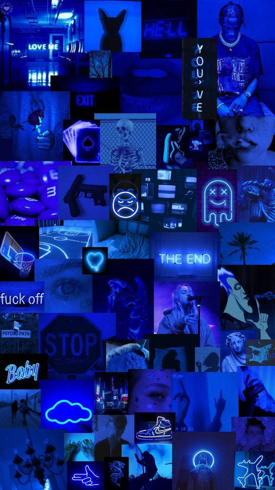 dark blue aesthetic tumblr 桌布 壁紙 — 深藍色霓虹拼貼，包含骷髏、眼睛、槍支和文字碎片，呈現混亂的城市美學。