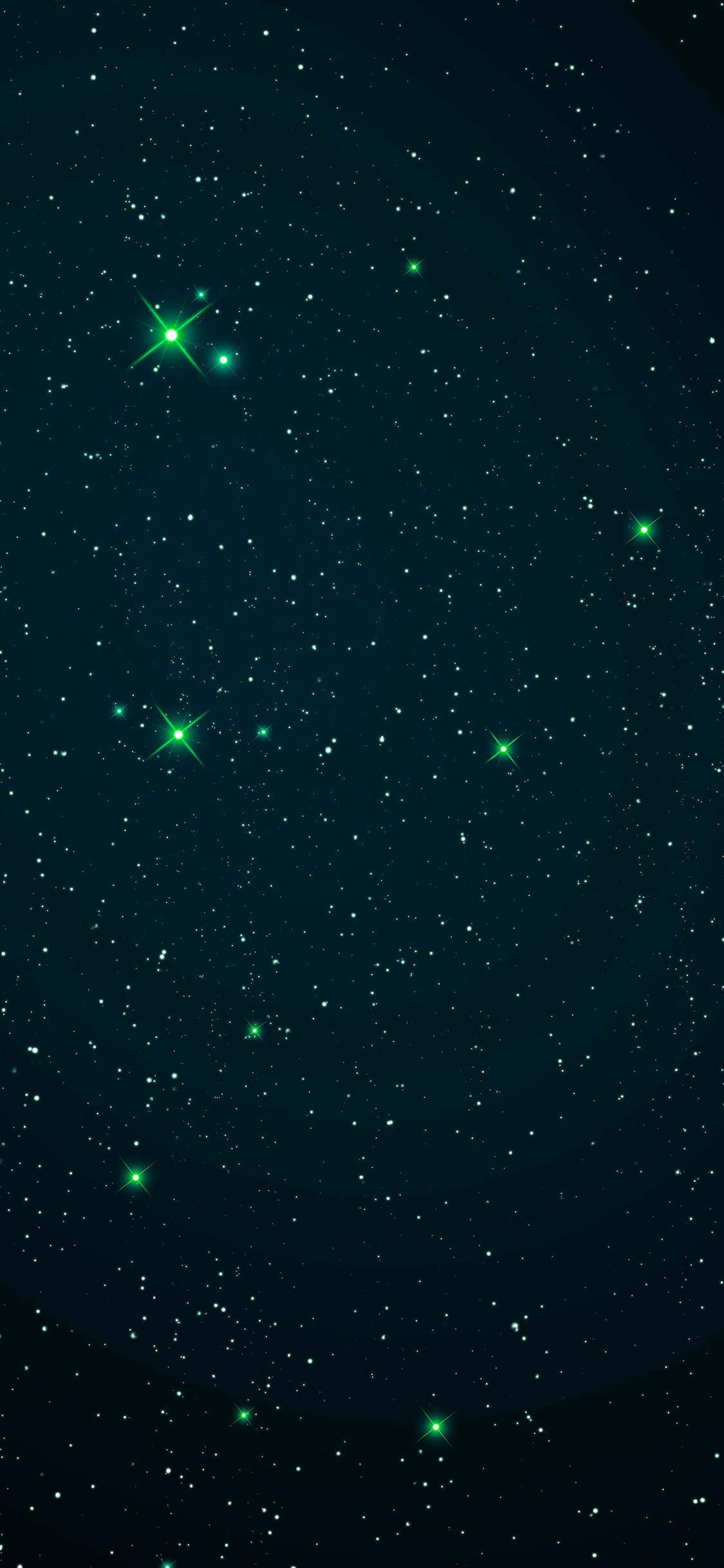 Starry Night Sky 桌布 壁紙 — 深邃的青綠色宇宙空間，點綴著發光的綠色星星和微妙的星雲絲縷。