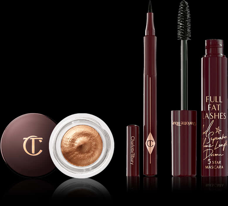 Cosmetics Products 桌布 壁紙 — 深酒紅色和金色的優雅Charlotte Tilbury化妝品展示在反光的黑色表面上。