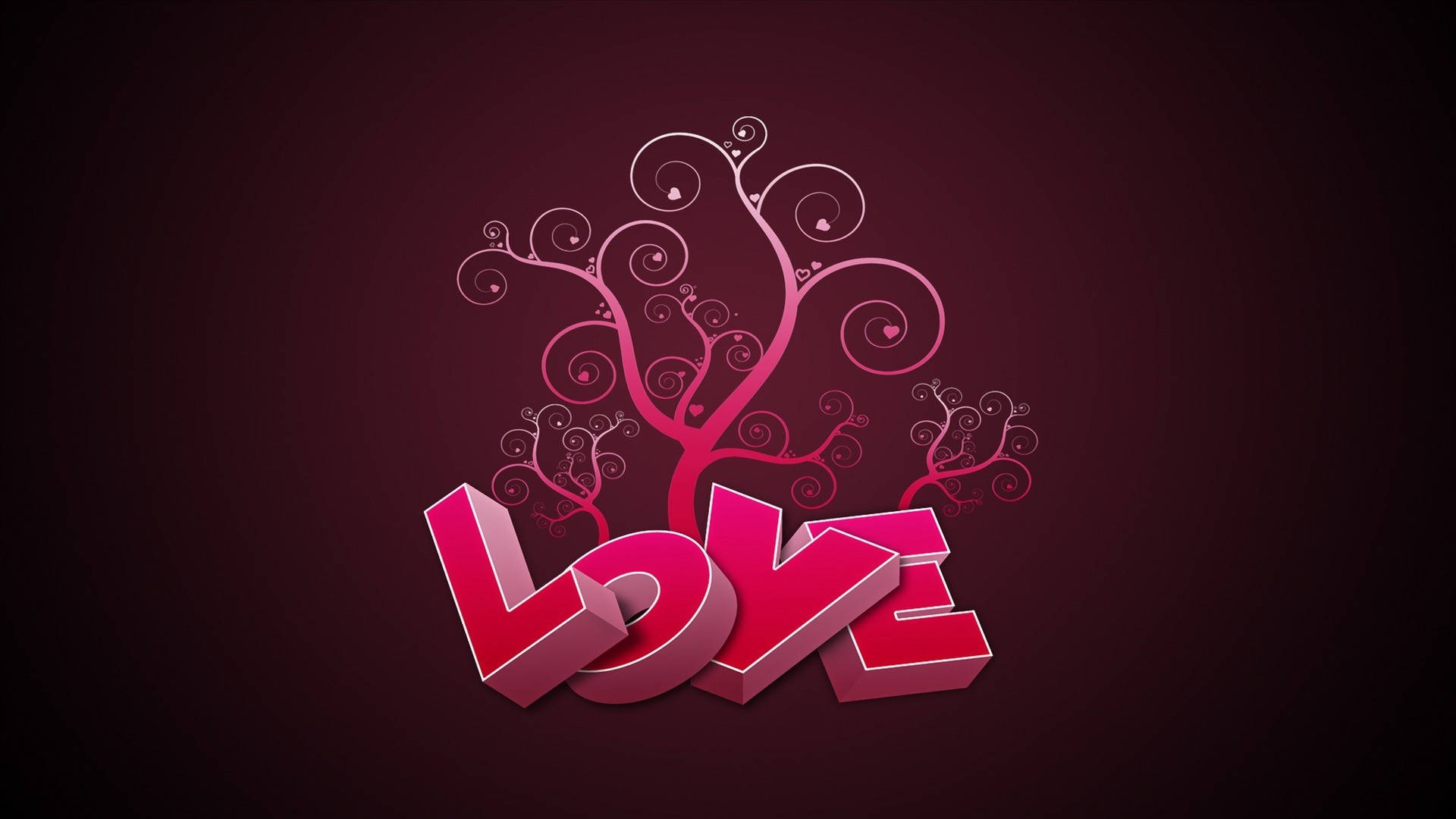 love full HD 桌布 壁紙 — 深酒紅色背景上，帶有旋轉藤蔓和心形裝飾的粗體3D粉紅色愛情字母。