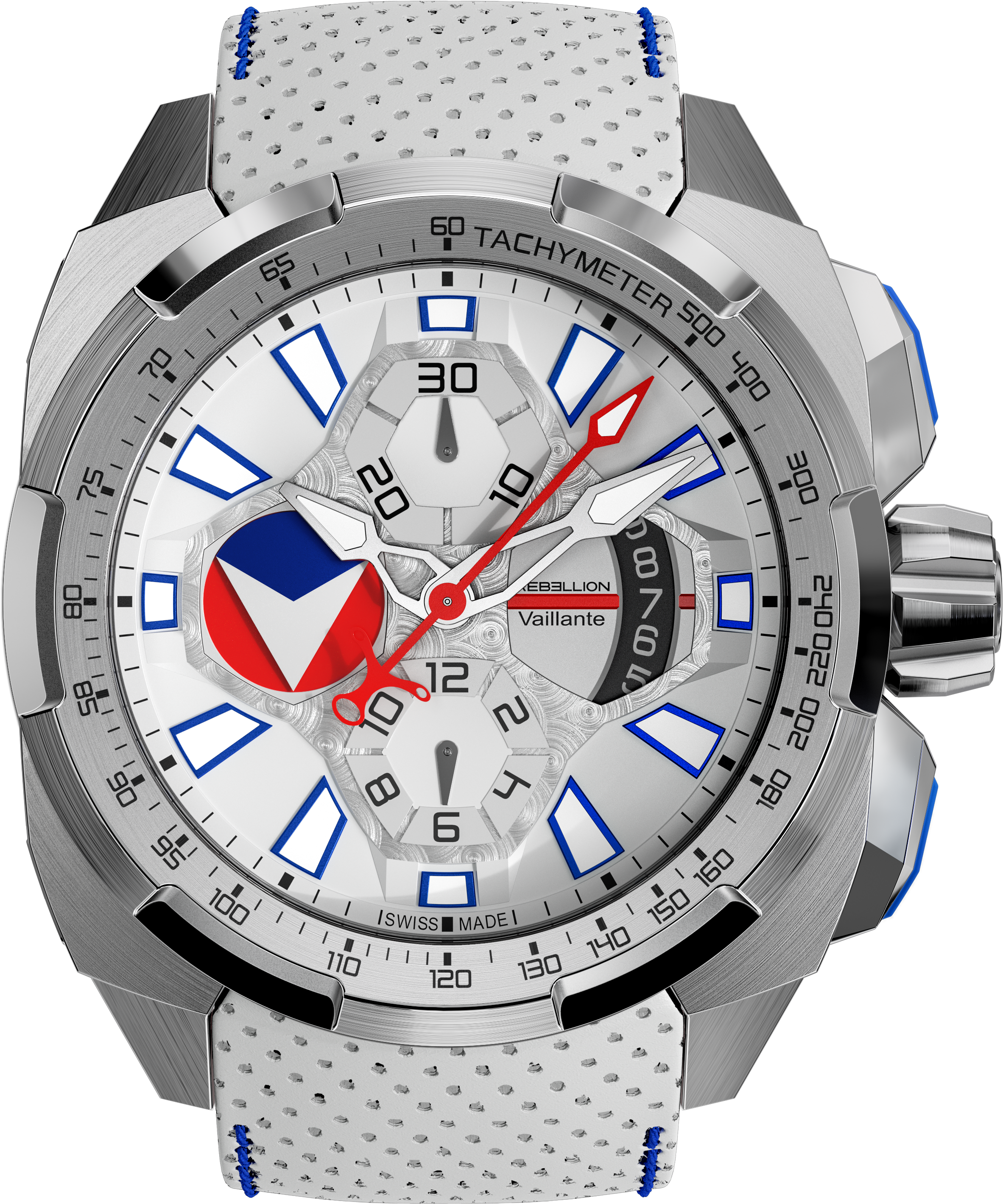 Timepiece 桌布 壁紙 — 深青綠色背景上，一只時尚銀色計時碼錶的特寫，配有穿孔白色錶帶和大膽的藍紅配色。
