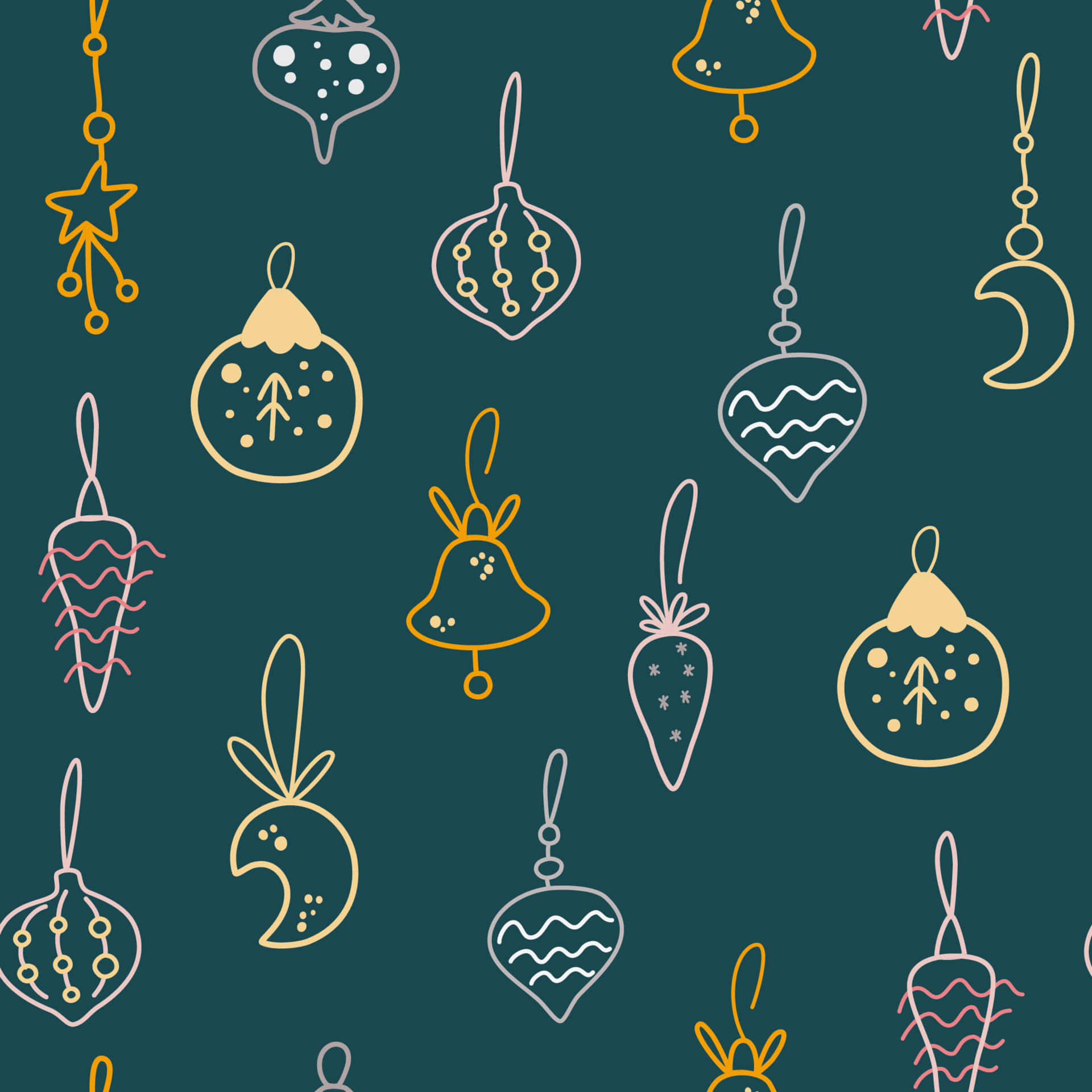 Christmas Invitation 桌布 壁紙 — 深青綠色背景上，金色和白色的風格化懸掛裝飾的節日圖案。