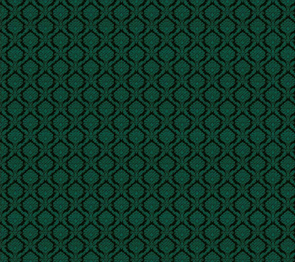 Gucci Pattern 桌布 壁紙 — 深青色大馬士革圖案壁紙，黑色背景上帶有複雜的重複花卉圖案。