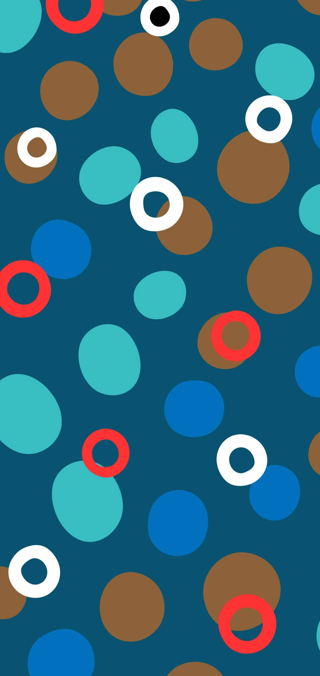 Polka Dot 桌布 壁紙 — 深青色背景上，紅、白、藍、棕色的重疊圓圈構成充滿活力的圖案。