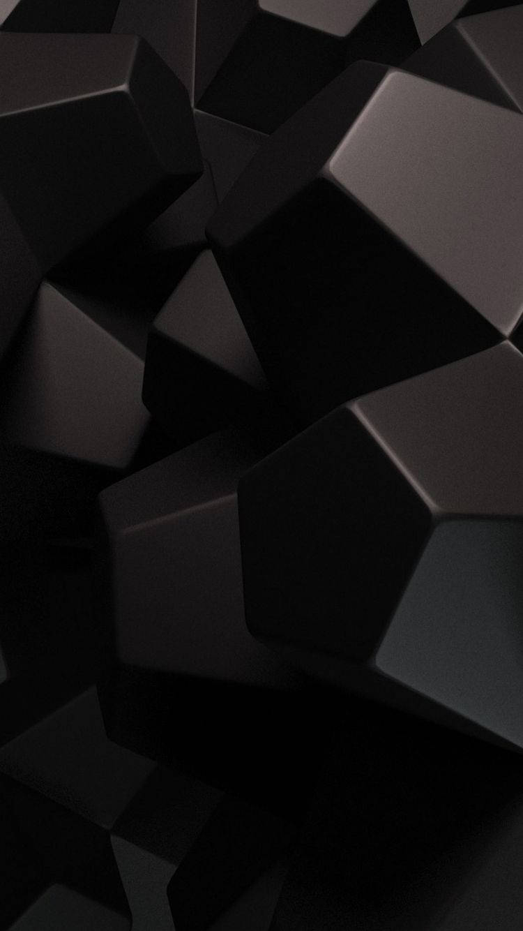 3D iPhone 壁紙 桌布 壁紙 — 深黑色和炭灰色的抽象幾何形狀，營造出帶有柔和陰影的極簡紋理3D渲染表面。