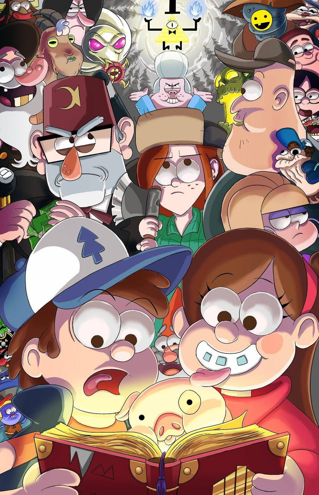 waddles 桌布 壁紙 — 混亂的卡通人群圍繞著 Dipper 和 Mabel Pines 閱讀一本帶有發光小豬的魔法書。