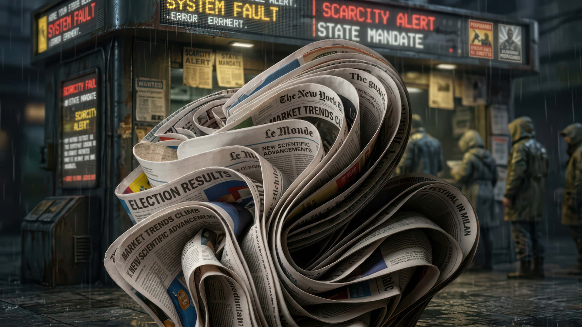Newspaper bloom in a distopian urban city modded wallpaper for windows desktop Enhancement, 壁紙 — 混亂的報紙漩渦，標題如「選舉結果」和「短缺警報」，主導了雨中的反烏托邦街景。
