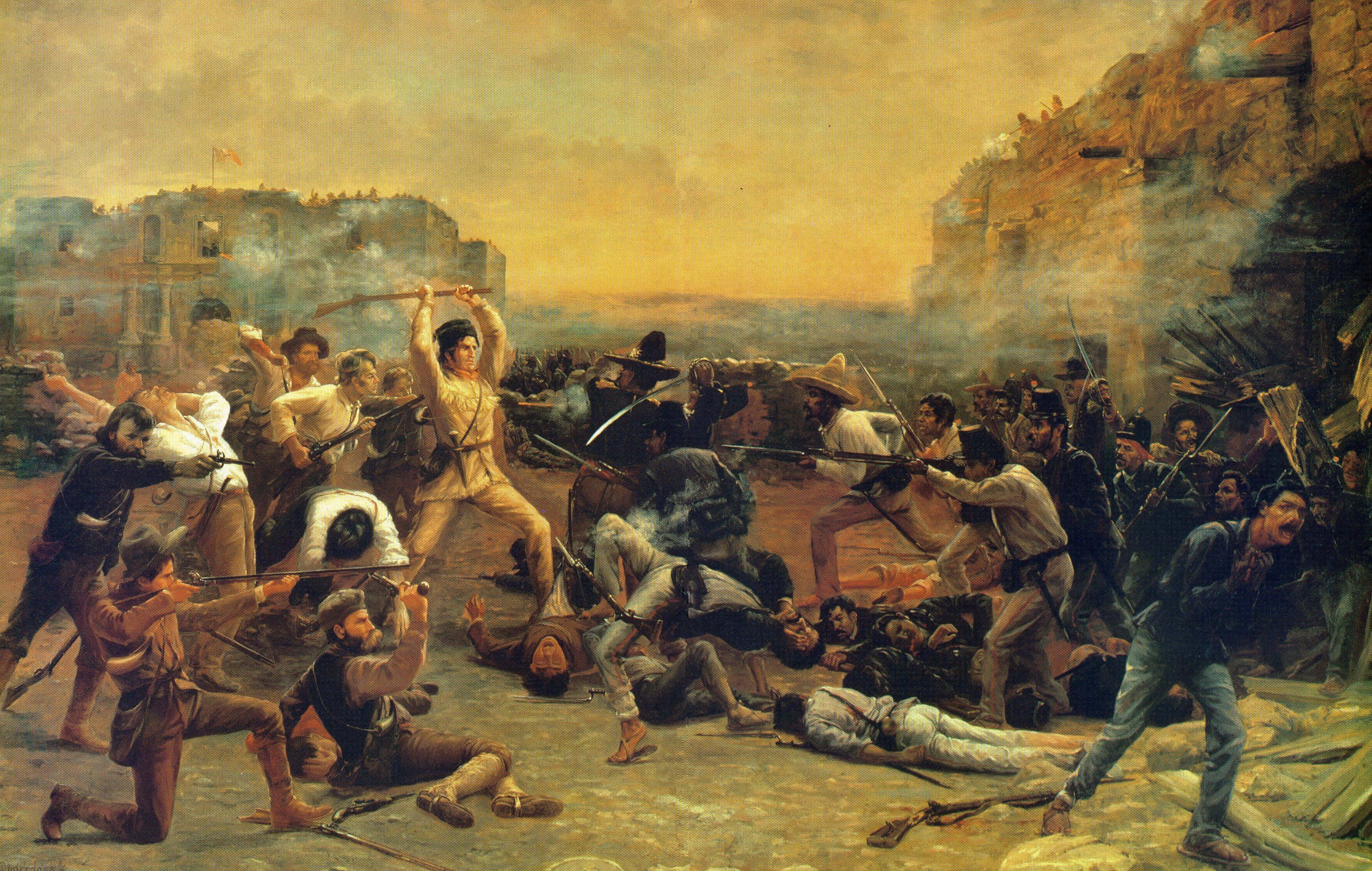 Historical 桌布 壁紙 — 混亂的戰鬥場景，士兵在瓦礫和煙霧中作戰，天空朦朧。