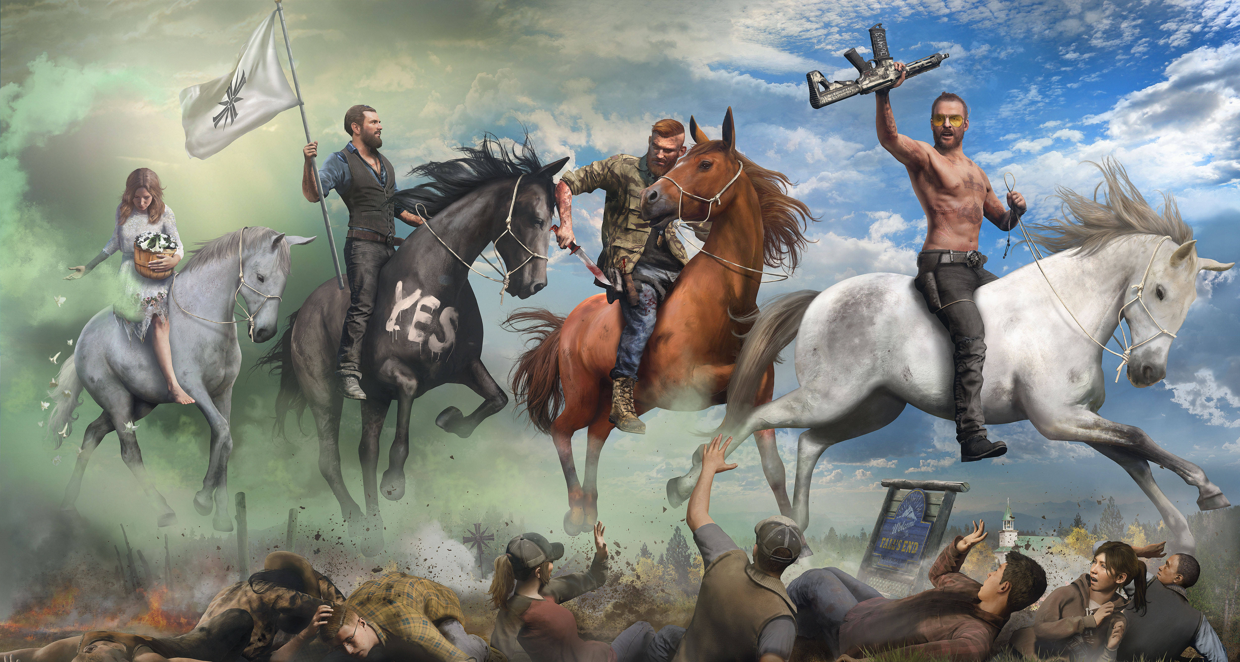 Far Cry 5 桌布 壁紙 — 混亂的戰鬥場景，騎著奔騰馬匹的男人揮舞武器和旗幟，而平民在下方逃離。